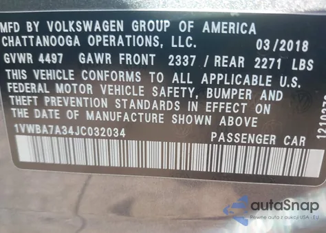 2018 Volkswagen Passat 2.0T Se z USA, uszkodzony, nr VIN 1VWBA7A34JC032034